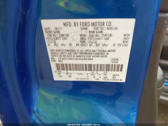 46131079 :رقم المزاد ، 1FMCU9D74CKA50384 vin ، 2012 Ford Escape Xlt مزاد بيع