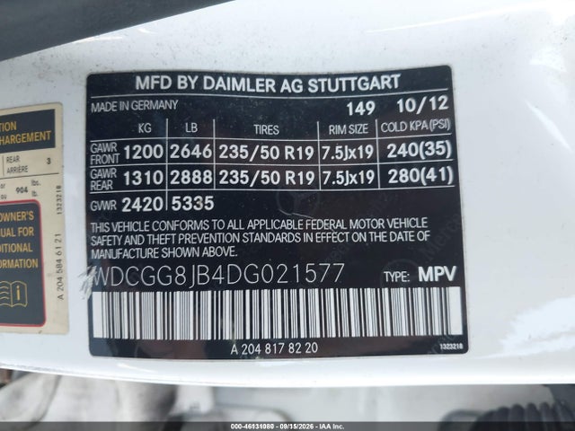2013 Mercedes-benz Glk 350 4matic მანქანა იყიდება აუქციონზე, vin: WDCGG8JB4DG021577, აუქციონის ნომერი: 46131080
