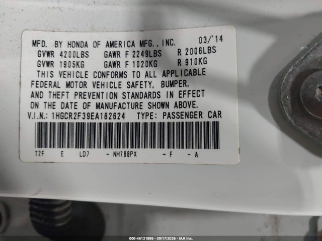 2014 Honda Accord Lx მანქანა იყიდება აუქციონზე, vin: 1HGCR2F39EA182624, აუქციონის ნომერი: 46131086