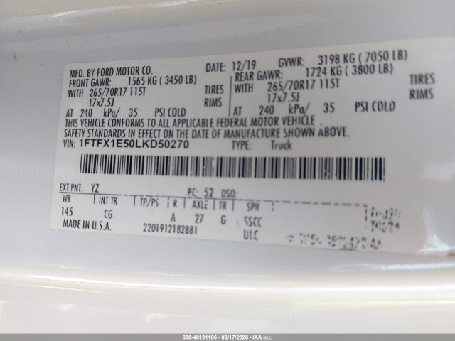 Продаж на аукціоні авто 2020 Ford F-150 Xl, vin: 1FTFX1E50LKD50270, номер лоту: 46131106
