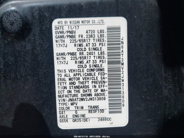 2018 Nissan Rogue S მანქანა იყიდება აუქციონზე, vin: JN8AT2MV2JW313809, აუქციონის ნომერი: 46131116