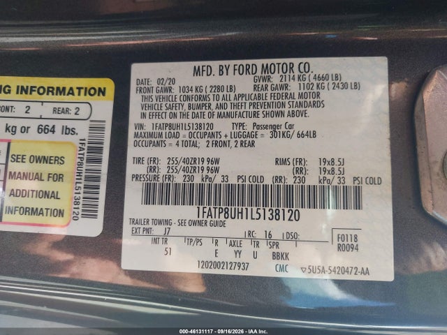 Продажа на аукционе авто 2020 Ford Mustang Ecoboost Premium, vin: 1FATP8UH1L5138120, номер лота: 46131117