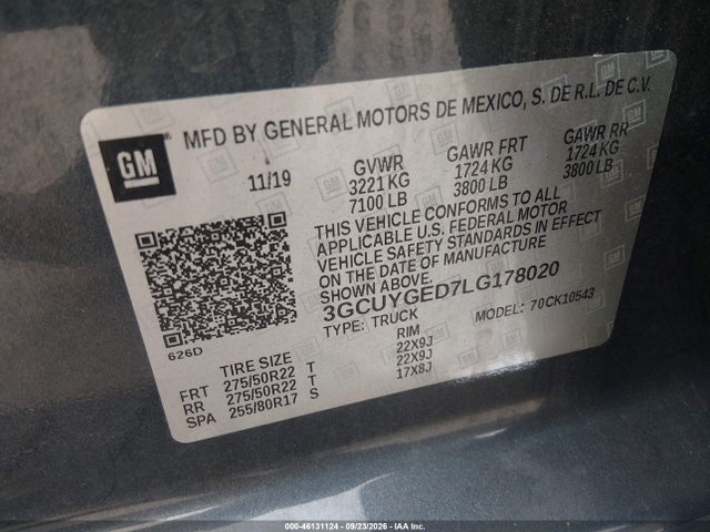Aukcja sprzedaży 2020 Chevrolet Silverado 1500, vin: 3GCUYGED7LG178020, numer aukcji: 46131124