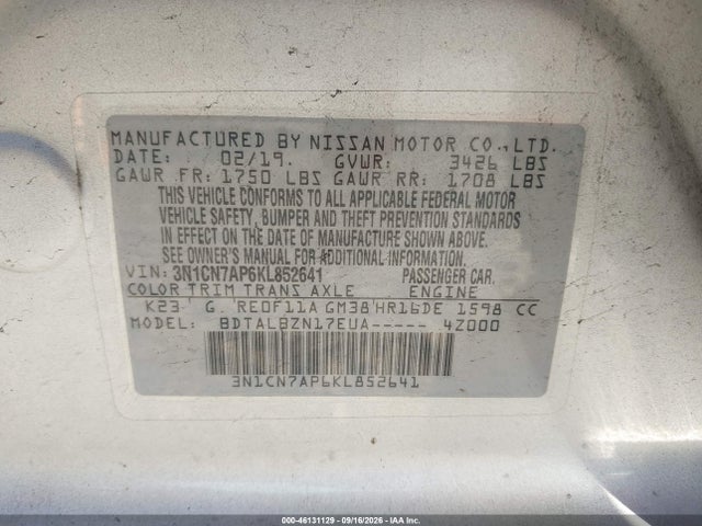 3N1CN7AP6KL852641 Nissan Versa 1.6 Sv