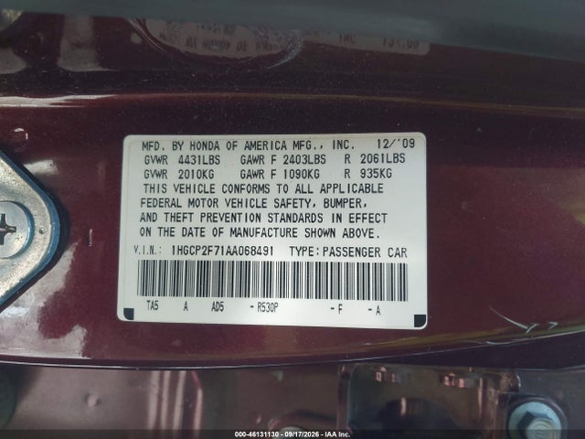 46131130 :رقم المزاد ، 1HGCP2F71AA068491 vin ، 2010 Honda Accord 2.4 Ex مزاد بيع