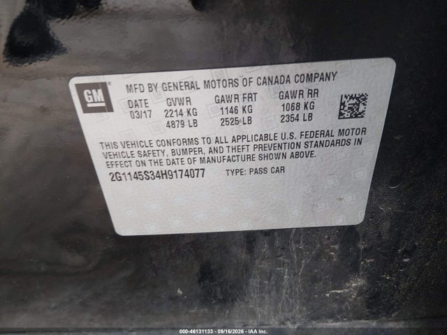 46131133 :رقم المزاد ، 2G1145S34H9174077 vin ، 2017 Chevrolet Impala 2lz مزاد بيع