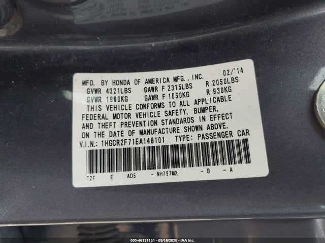 2014 Honda Accord Ex მანქანა იყიდება აუქციონზე, vin: 1HGCR2F71EA148101, აუქციონის ნომერი: 46131151