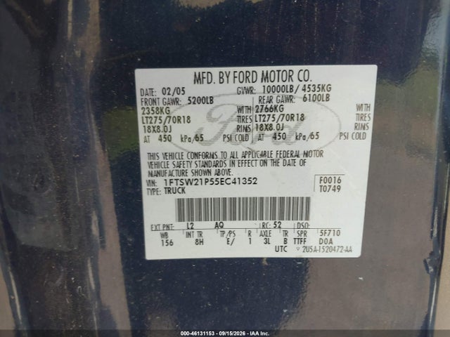 46131153 :رقم المزاد ، 1FTSW21P55EC41352 vin ، 2005 Ford F-250 Lariat/xl/xlt مزاد بيع