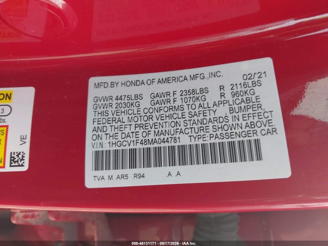 Продаж на аукціоні авто 2021 Honda Accord Sport Special Edition, vin: 1HGCV1F48MA044781, номер лоту: 46131171