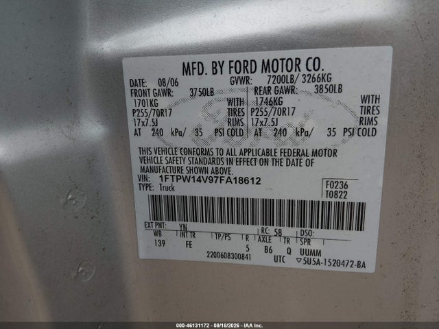 Продаж на аукціоні авто 2007 Ford F-150 Fx4/lariat/xlt, vin: 1FTPW14V97FA18612, номер лоту: 46131172