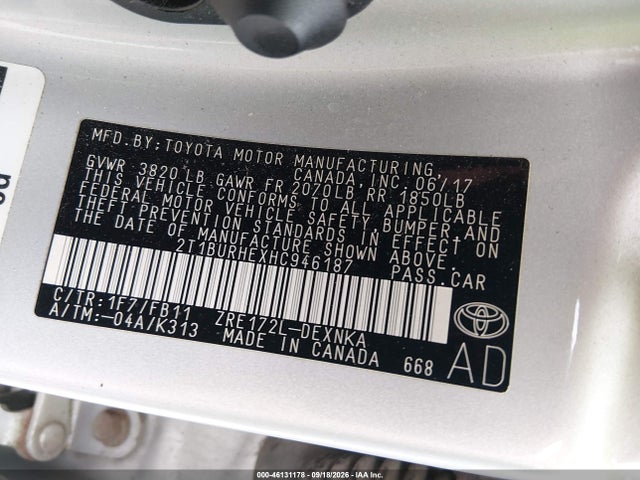 Aukcja sprzedaży 2017 Toyota Corolla Le, vin: 2T1BURHEXHC946187, numer aukcji: 46131178