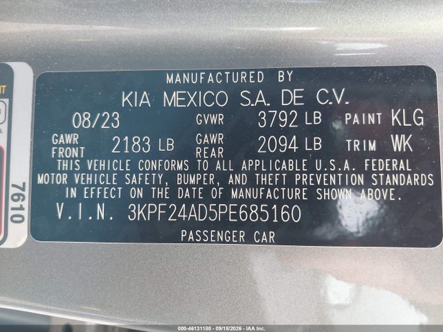 Продаж на аукціоні авто 2023 Kia Forte Lxs, vin: 3KPF24AD5PE685160, номер лоту: 46131180