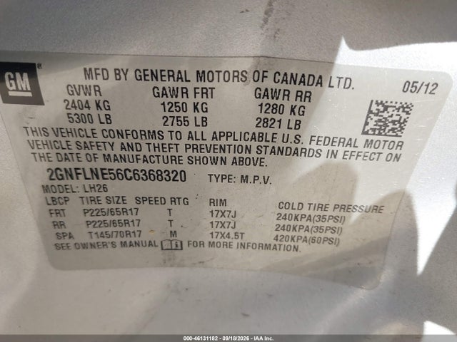 2012 Chevrolet Equinox 2lt მანქანა იყიდება აუქციონზე, vin: 2GNFLNE56C6368320, აუქციონის ნომერი: 46131182