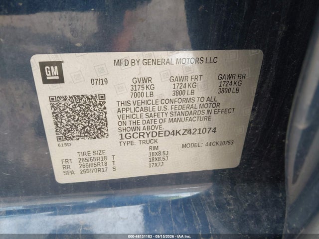 46131183 :رقم المزاد ، 1GCRYDED4KZ421074 vin ، 2019 Chevrolet Silverado 1500 Lt مزاد بيع