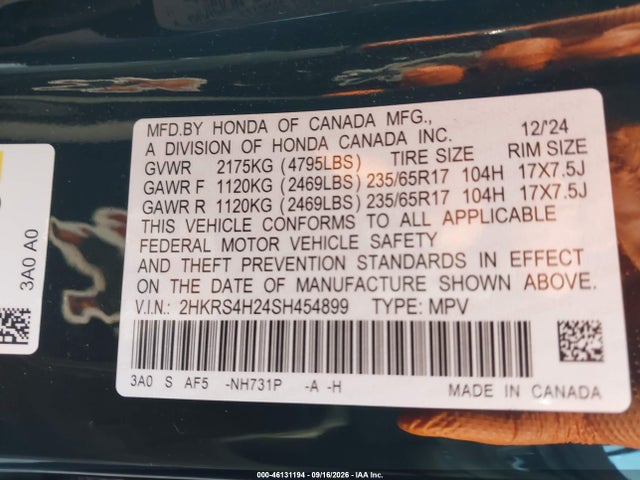 46131194 :رقم المزاد ، 2HKRS4H24SH454899 vin ، 2025 Honda Cr-v Lx Awd مزاد بيع