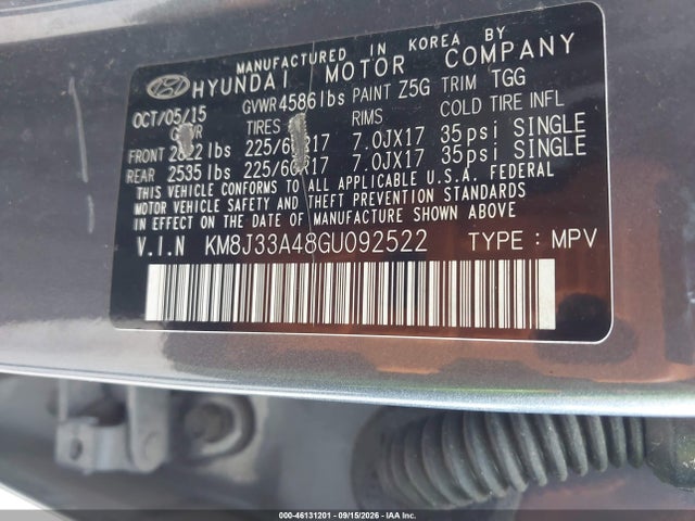 Aukcja sprzedaży 2016 Hyundai Tucson Se, vin: KM8J33A48GU092522, numer aukcji: 46131201