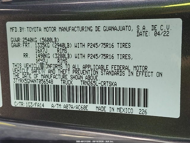 46131208 :رقم المزاد ، 3TYRX5GN4NT056548 vin ، 2022 Toyota Tacoma Sr مزاد بيع