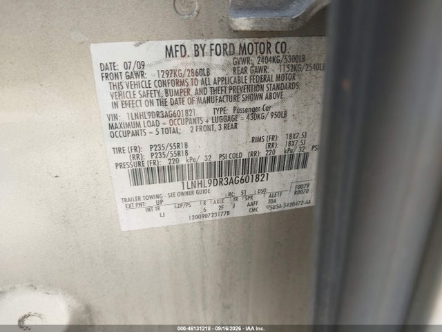 46131218 :رقم المزاد ، 1LNHL9DR3AG601821 vin ، 2010 Lincoln Mks مزاد بيع