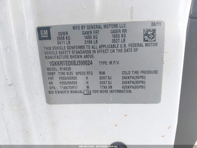 Aukcja sprzedaży 2011 Gmc Acadia Denali, vin: 1GKKRTED6BJ399624, numer aukcji: 46131224