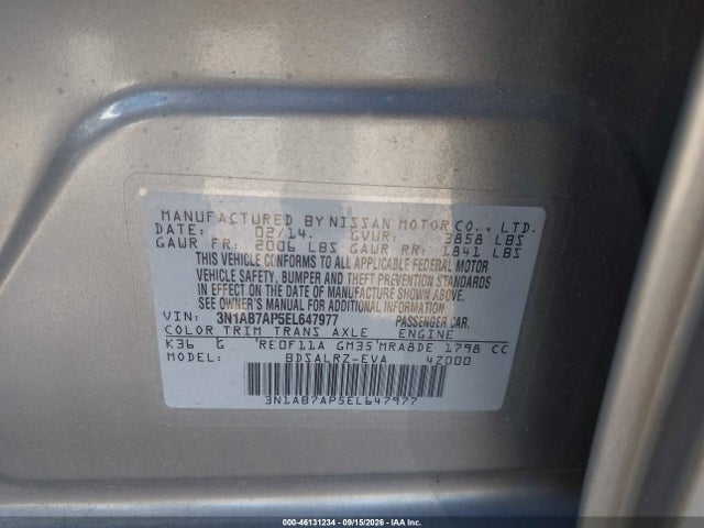 Продажа на аукционе авто 2014 Nissan Sentra S/sv/sr/sl, vin: 3N1AB7AP5EL647977, номер лота: 46131234