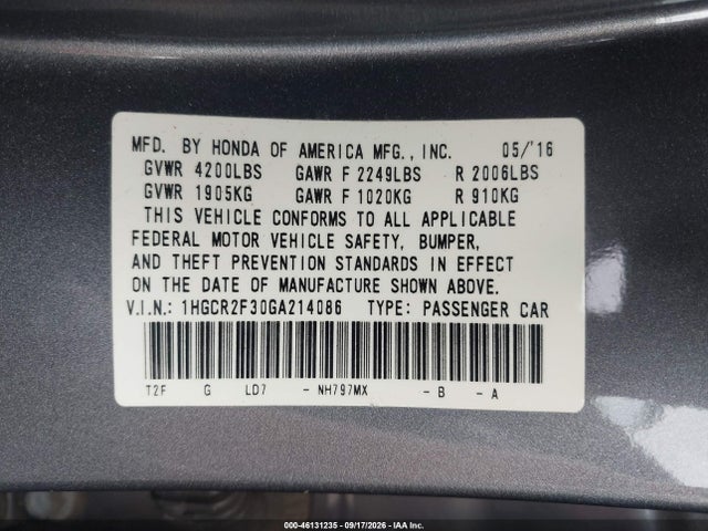 2016 Honda Accord Lx მანქანა იყიდება აუქციონზე, vin: 1HGCR2F30GA214086, აუქციონის ნომერი: 46131235