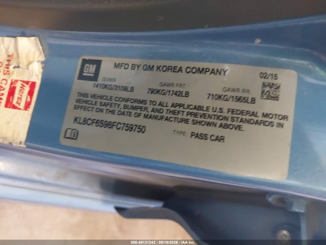Auction sale of the 2015 Chevrolet Spark 2lt Cvt, vin: KL8CF6S98FC759750, lot number: 46131242