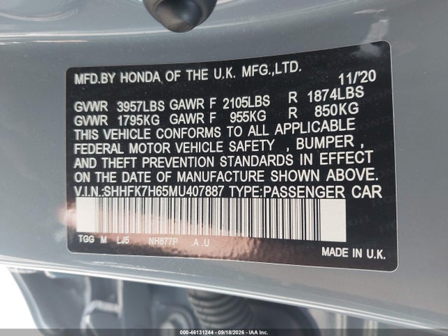 Aukcja sprzedaży 2021 Honda Civic Ex, vin: SHHFK7H65MU407887, numer aukcji: 46131244