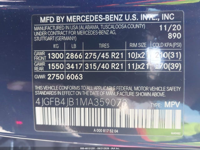 Продаж на аукціоні авто 2021 Mercedes-benz Gle 350, vin: 4JGFB4JB1MA359073, номер лоту: 46131251