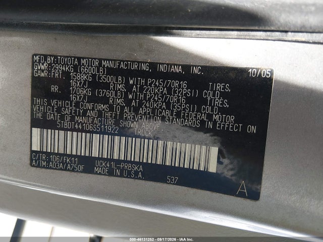2006 Toyota Tundra Sr5 V8 მანქანა იყიდება აუქციონზე, vin: 5TBDT44106S511922, აუქციონის ნომერი: 46131252