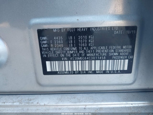 Aukcja sprzedaży 2012 Subaru Legacy 2.5i Premium, vin: 4S3BMBG64C3011458, numer aukcji: 46131253