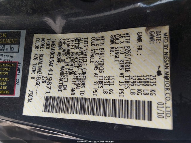 2010 Nissan Frontier Se მანქანა იყიდება აუქციონზე, vin: 1N6AD0CU5AC419871, აუქციონის ნომერი: 46131263
