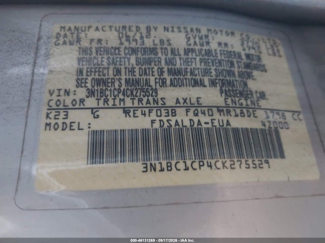 Продажа на аукционе авто 2012 Nissan Versa 1.8 S, vin: 3N1BC1CP4CK275529, номер лота: 46131269