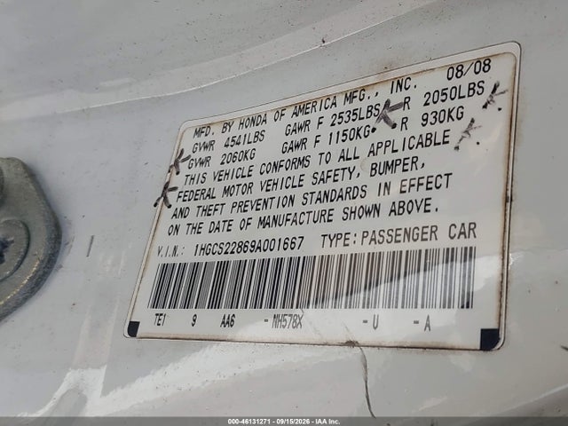 46131271 :رقم المزاد ، 1HGCS22869A001667 vin ، 2009 Honda Accord 3.5 Ex-l مزاد بيع