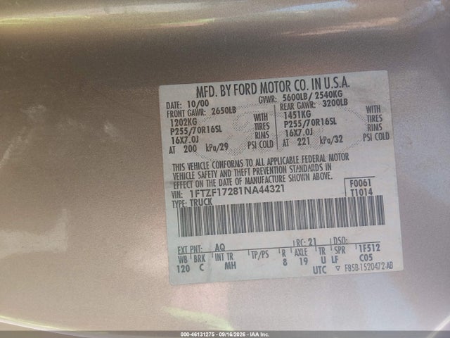 46131275 :رقم المزاد ، 1FTZF17281NA44321 vin ، 2001 Ford F-150 Xl/xlt مزاد بيع