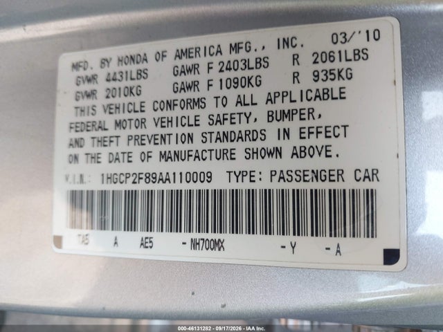 46131282 :رقم المزاد ، 1HGCP2F89AA110009 vin ، 2010 Honda Accord 2.4 Ex-l مزاد بيع