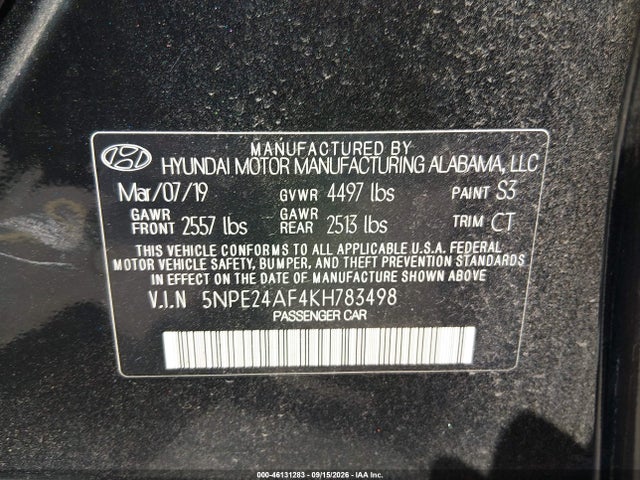 Продаж на аукціоні авто 2019 Hyundai Sonata Se, vin: 5NPE24AF4KH783498, номер лоту: 46131283
