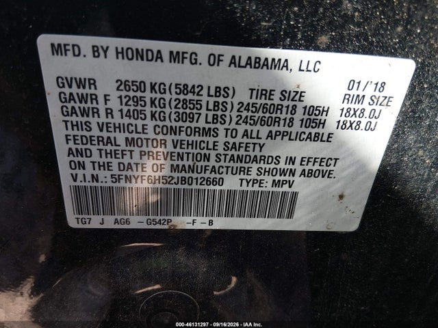 Продаж на аукціоні авто 2018 Honda Pilot Ex-l, vin: 5FNYF6H52JB012660, номер лоту: 46131297