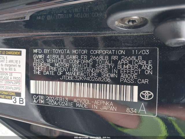 Продажа на аукционе авто 2004 Toyota Camry Le, vin: JTDBE32K940268206, номер лота: 46131299