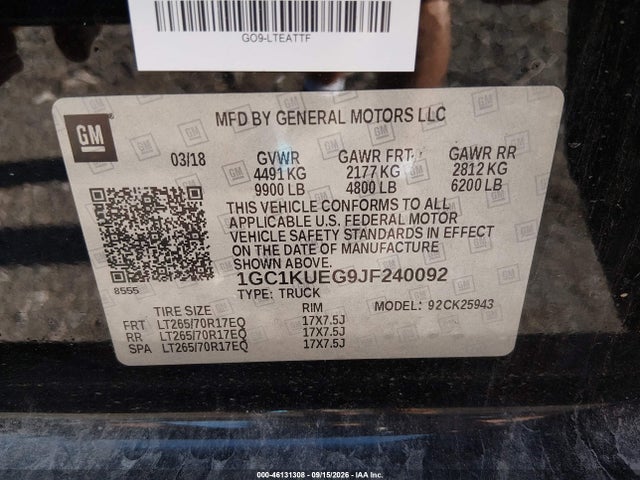 46131308 :رقم المزاد ، 1GC1KUEG9JF240092 vin ، 2018 Chevrolet Silverado 2500hd Wt مزاد بيع