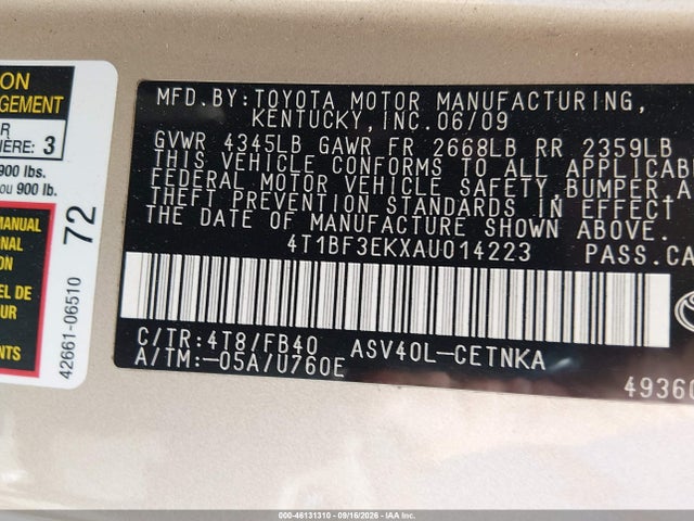 Продажа на аукционе авто 2010 Toyota Camry Le, vin: 4T1BF3EKXAU014223, номер лота: 46131310