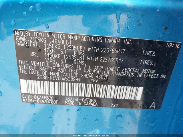 Продажа на аукционе авто 2016 Toyota Rav4 Le, vin: 2T3BFREV0GW538994, номер лота: 46131313
