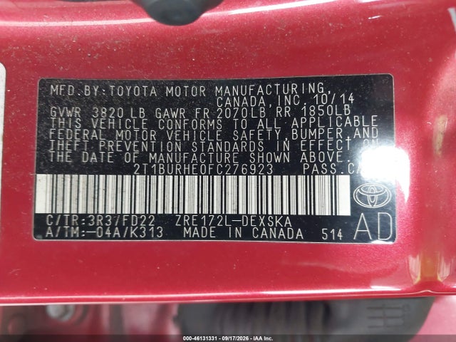 2015 Toyota Corolla S Plus მანქანა იყიდება აუქციონზე, vin: 2T1BURHE0FC276923, აუქციონის ნომერი: 46131331