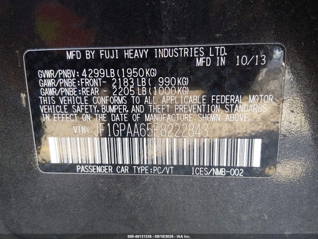 46131336 :رقم المزاد ، JF1GPAA65E8222843 vin ، 2014 Subaru Impreza 2.0i مزاد بيع