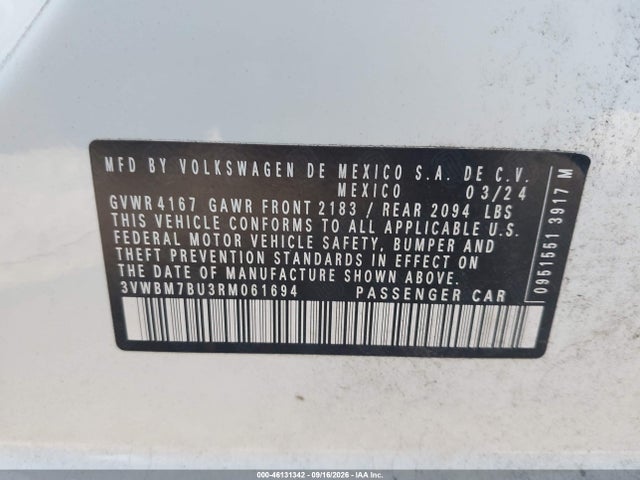 46131342 :رقم المزاد ، 3VWBM7BU3RM061694 vin ، 2024 Volkswagen Jetta 1.5t Sport مزاد بيع