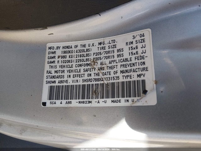 46131345 :رقم المزاد ، SHSRD788X4U231535 vin ، 2004 Honda Cr-v Ex مزاد بيع