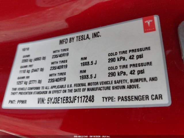 5YJ3E1EB3JF117248 Tesla Model 3 Long Range/performance