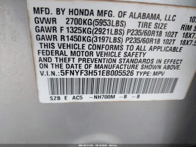 46131352 :رقم المزاد ، 5FNYF3H51EB005526 vin ، 2014 Honda Pilot Ex-l مزاد بيع