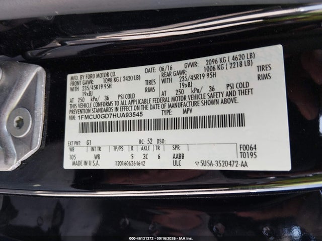 46131372 :رقم المزاد ، 1FMCU0GD7HUA93545 vin ، 2017 Ford Escape Se مزاد بيع