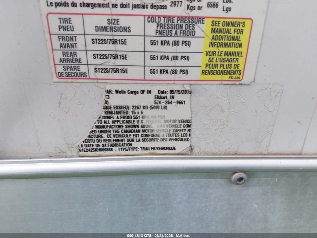 46131378 :رقم المزاد ، 7K61E2425KH000868 vin ، 2019 Wells Cargo Other مزاد بيع