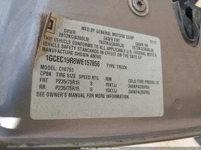 46131383 :رقم المزاد ، 1GCEC19R8WE157856 vin ، 1998 Chevrolet C1500 Fleetside مزاد بيع